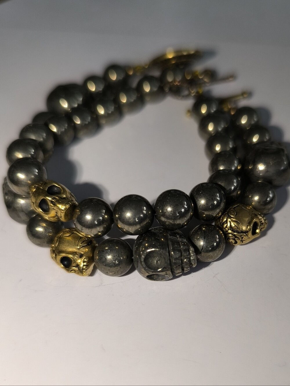 Set of TWO Golden Pyrite Skull Bracelets